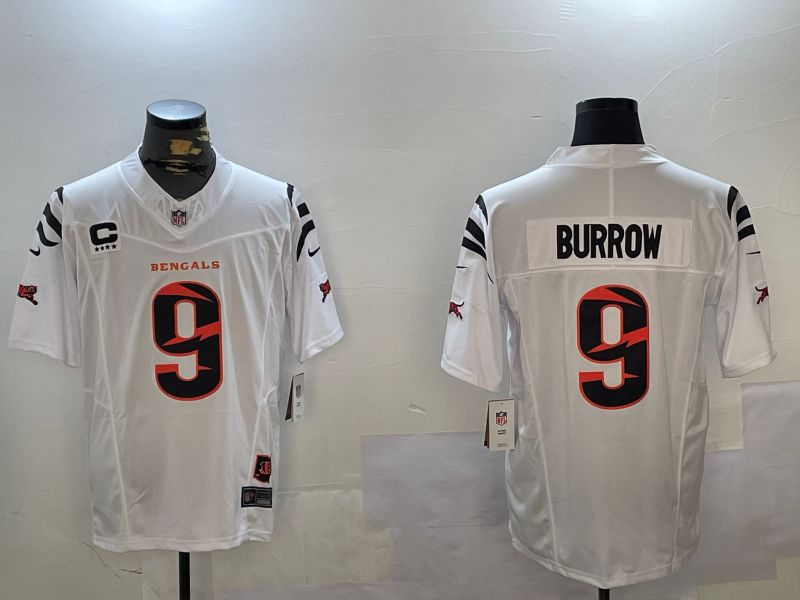 Men Cincinnati Bengals #9 Burrow White Throwback three generations 2024 Nike Limited NFL Jersey style 1